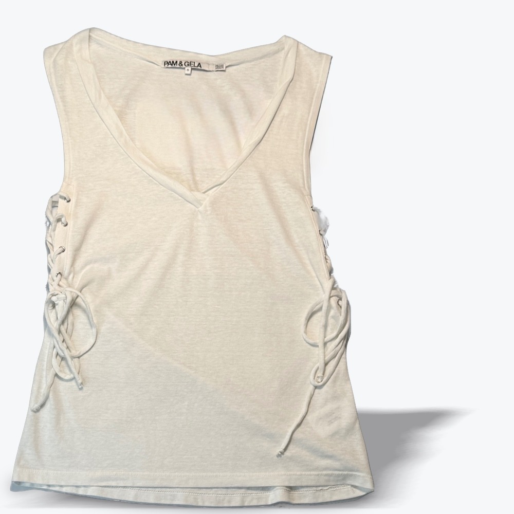 Pam & Gela Sleeveless Tank Top White Lace Up Side V-Neck  Small Made in USA